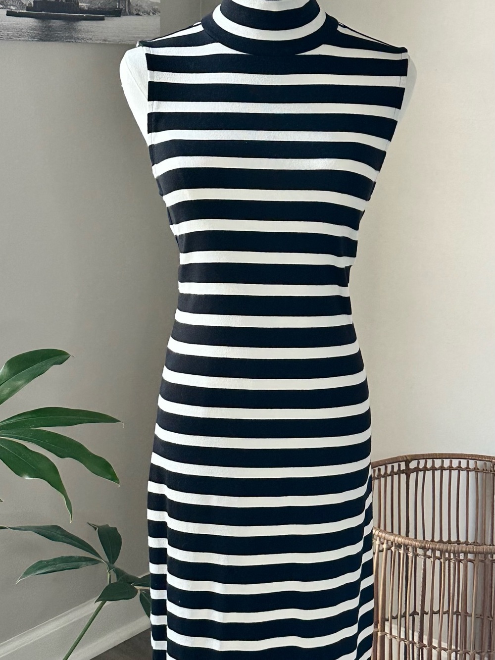 GAP Black and White Striped Sleeveless Midi Turtleneck Dress